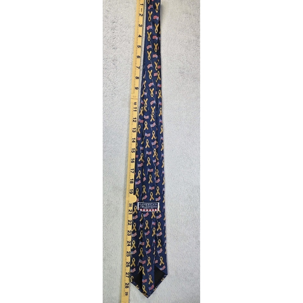 American Traditions USA Made Silk Tie Gold Ribbon American Flag Patriotic Navy - Picture 8 of 9